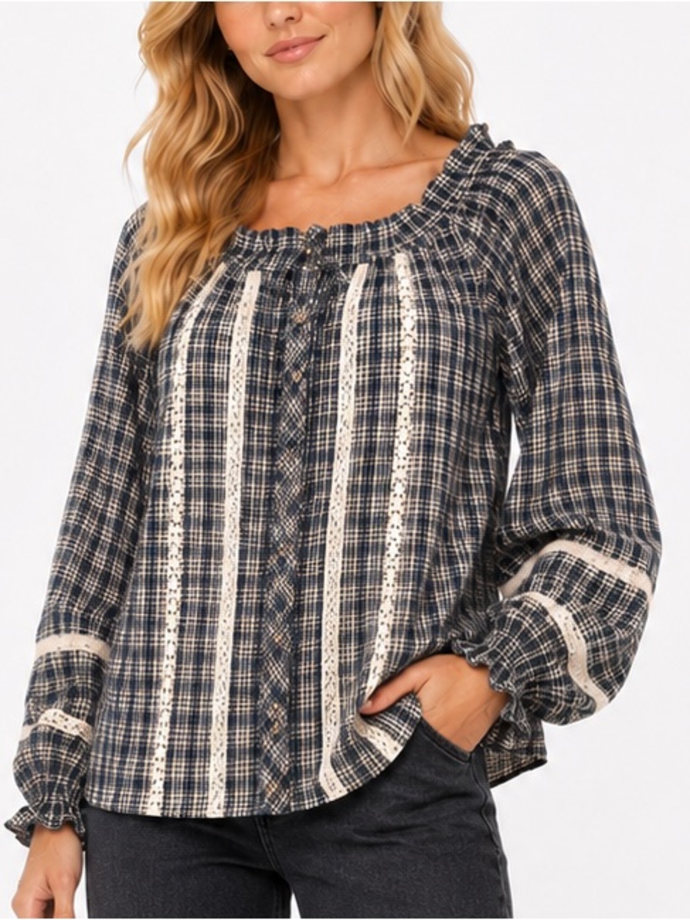 NWT Easel Size Medium Women’s Navy Plaid Lace-Trim Peasant Top